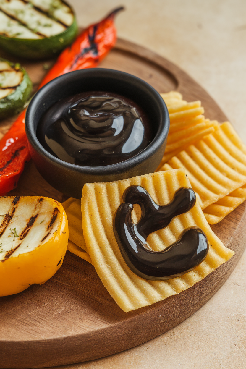 An indoor tapas board featuring a small black bowl of glossy black garlic aioli with ridged potato chips. Photo, no text or logos.