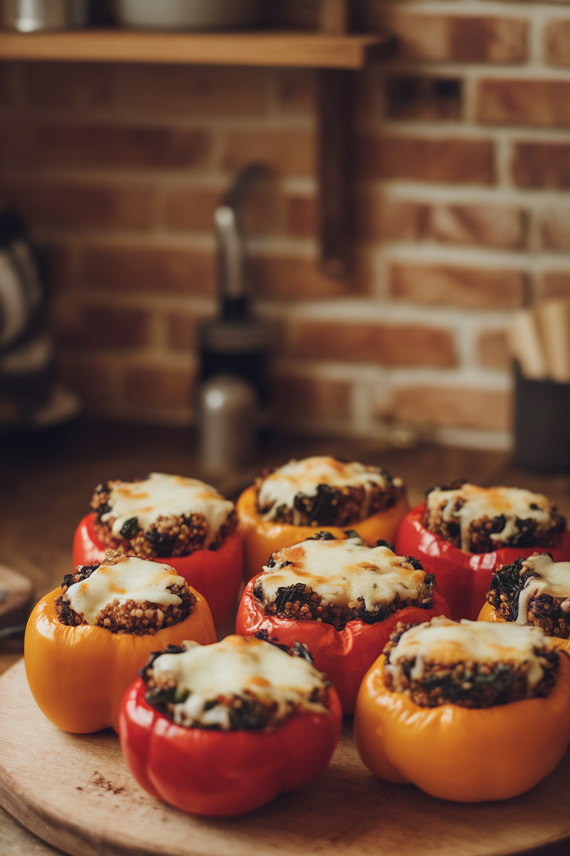 Warm indoor photo of roasted bell peppers stuffed with quinoa, kale, and black beans, melted cheese on top; no text or logos visible.