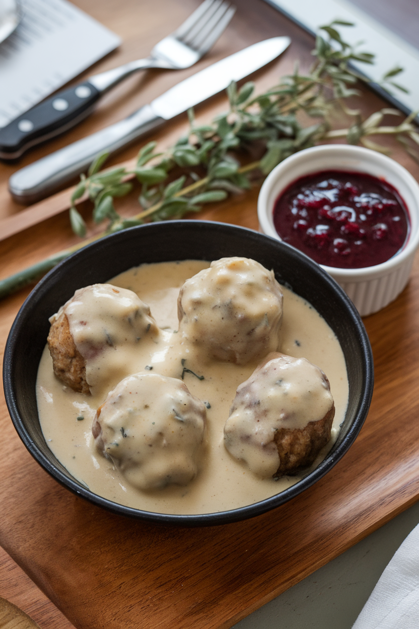 Indoor photo of a bowl of Swedish meatballs covered in creamy gravy, lingonberry sauce in a small ramekin nearby. No logos or text.