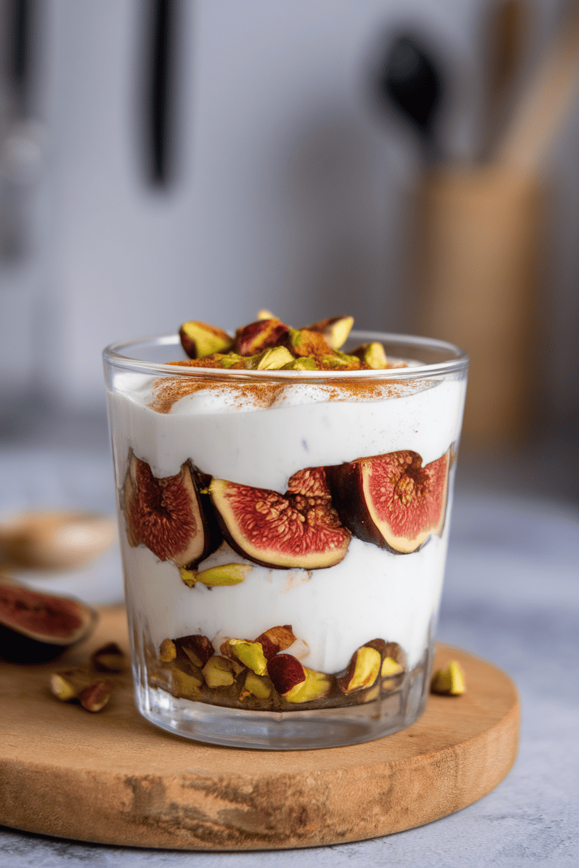 A photo of a clear glass indoors layered with thick Greek yogurt, sliced ripe figs, chopped pistachios, and a drizzle of honey. No text or logos.
