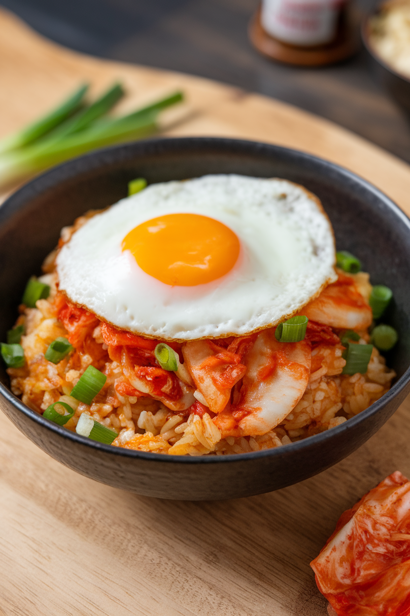 Indoor bowl of fried rice flecked with kimchi, scallions, and a fried egg on top, yolk just runny. No text or logos.