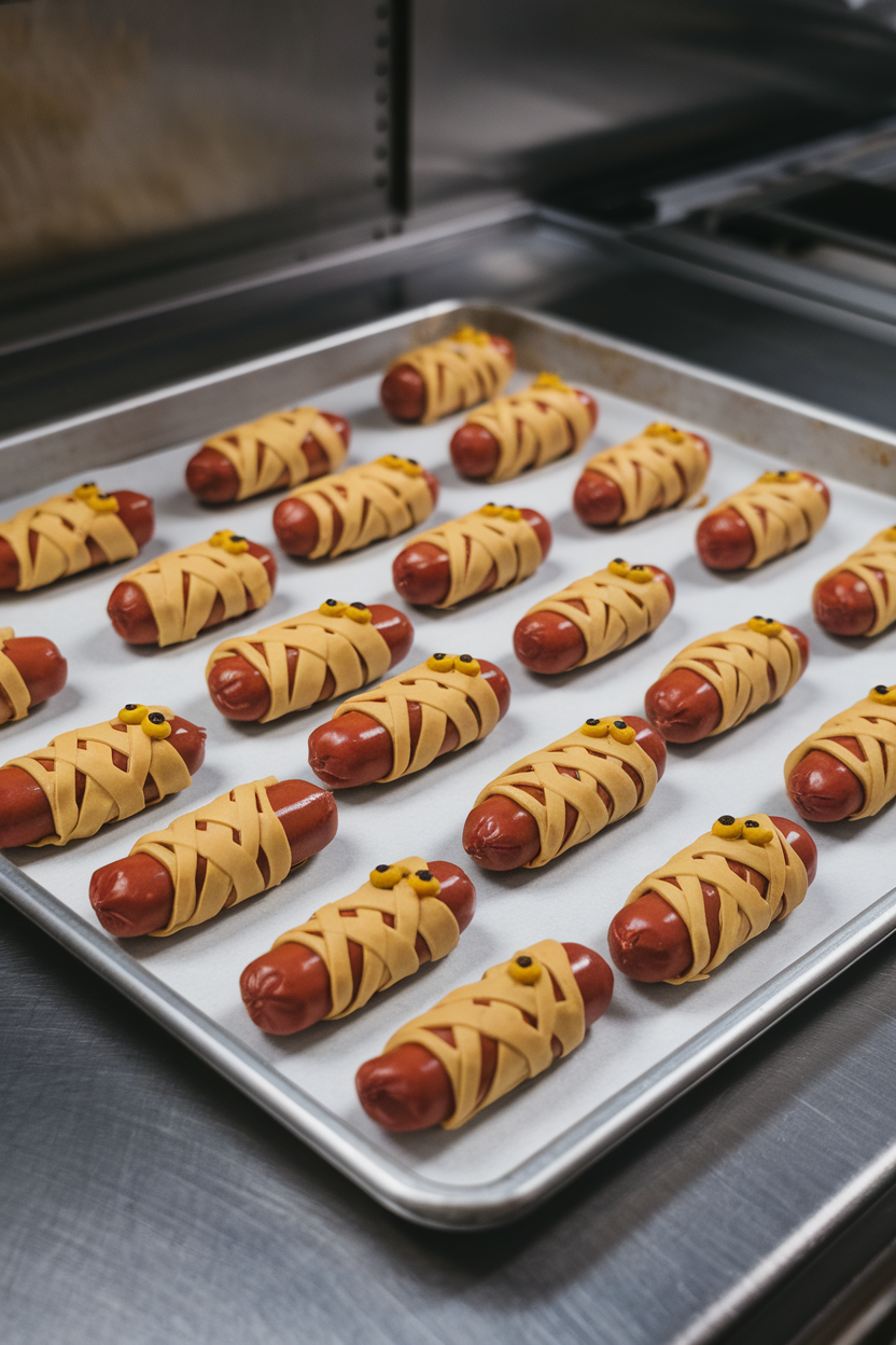 An indoor baking sheet holding mini beef franks wrapped with jalapeño-flecked dough criss-crossed like bandages, tiny mustard dots for eyes. No text or logos. Photo, not illustration.
