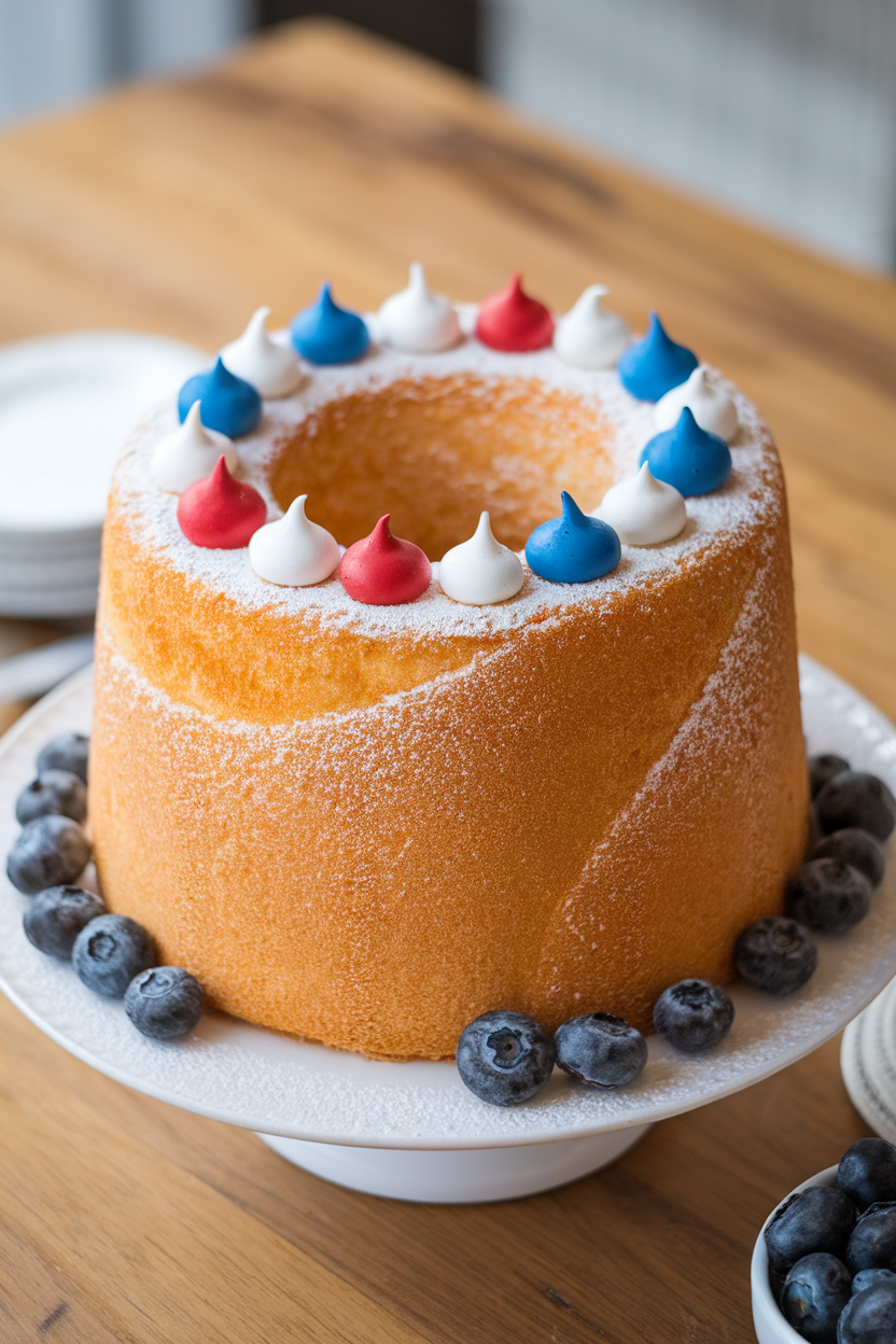 A tall, fluffy angel food cake on an indoor platter, lightly dusted with powdered sugar and decorated with small red, white, and blue meringue kisses. Photo only, no text or logos.