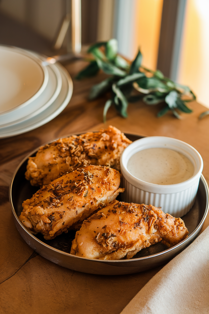 Indoor table featuring fried chicken breasts speckled with dried herbs and served with a ramekin of ranch dressing, photo only, no text or logos