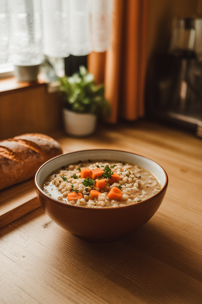 Warm indoor kitchen scene of a bowl filled with light barley soup containing small carrot cubes and parsley flakes. No text or logos; photo only.