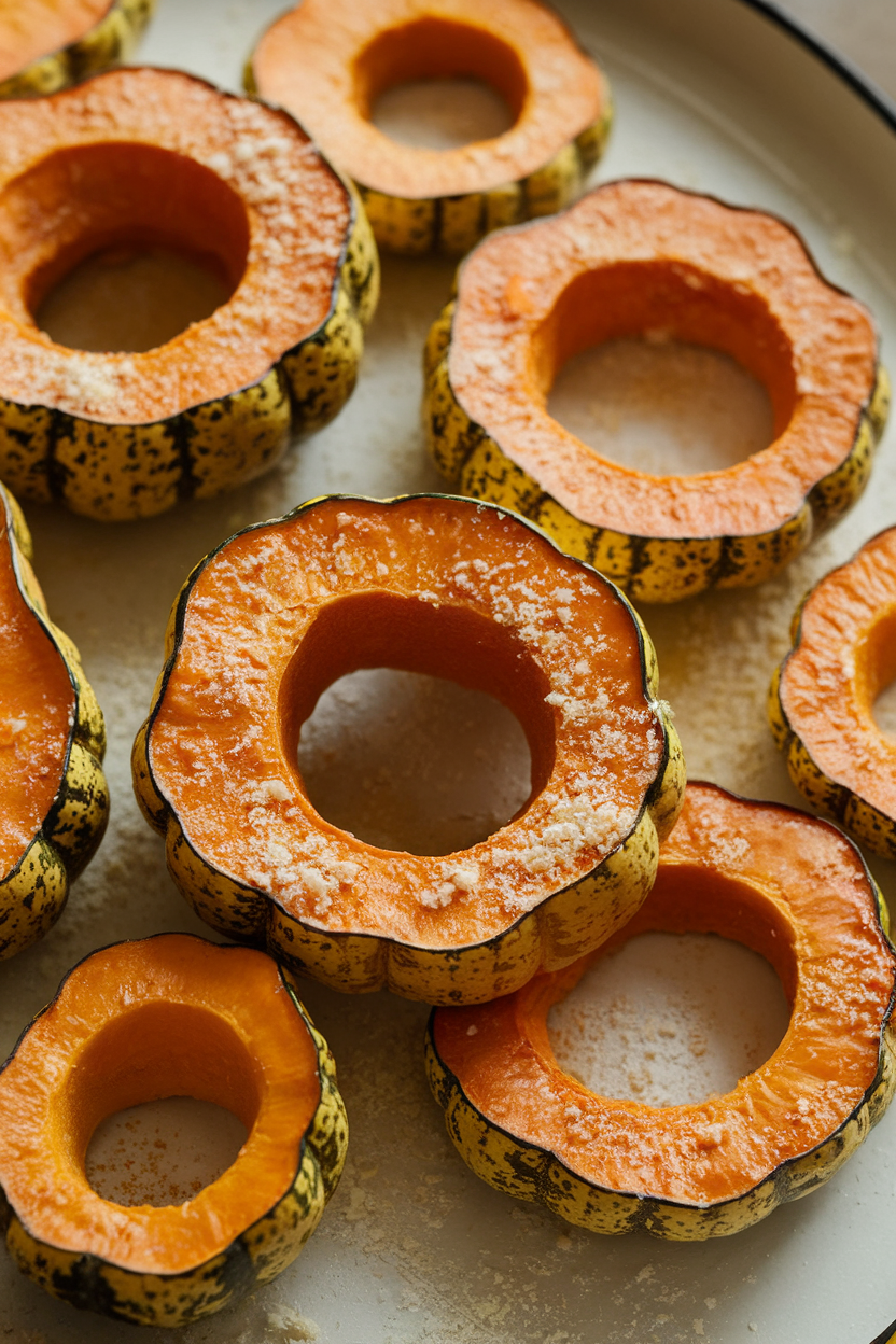 An indoor platter of roasted delicata squash rings dusted with Parmesan, seeds removed, no text or logos. Photo.</Prompt
