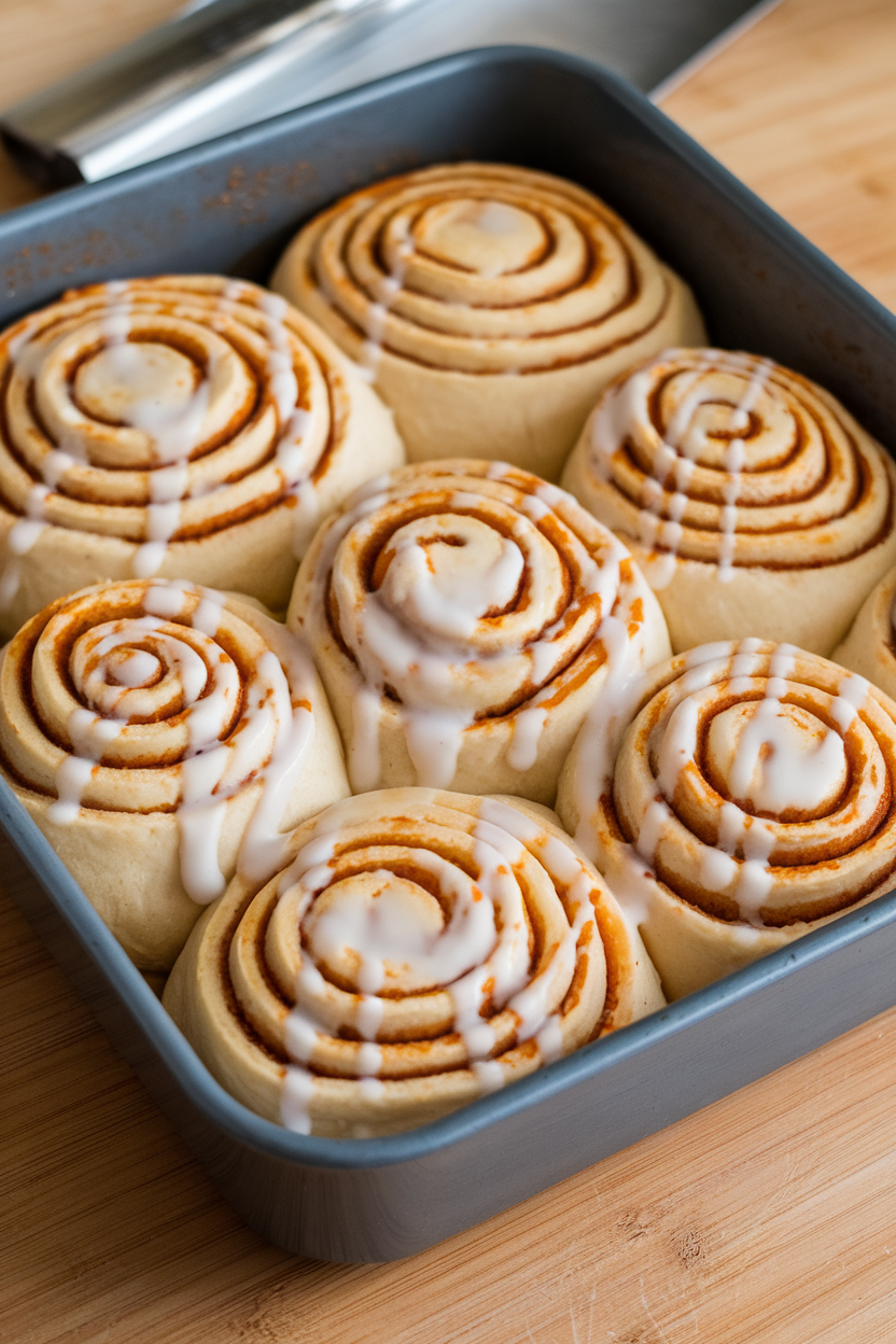 An indoor baking dish packed with spiral cinnamon rolls, orange-tinted dough, drizzled with cashew cream icing. No text or logos.