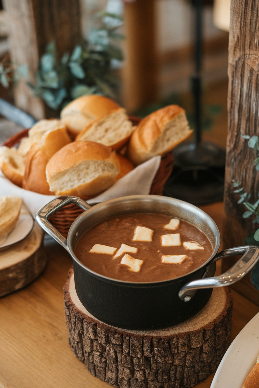 An indoor comfort-food station featuring a small saucepan of hot brown gravy dip with cheese curd chunks visible. Photo, no text or logos.