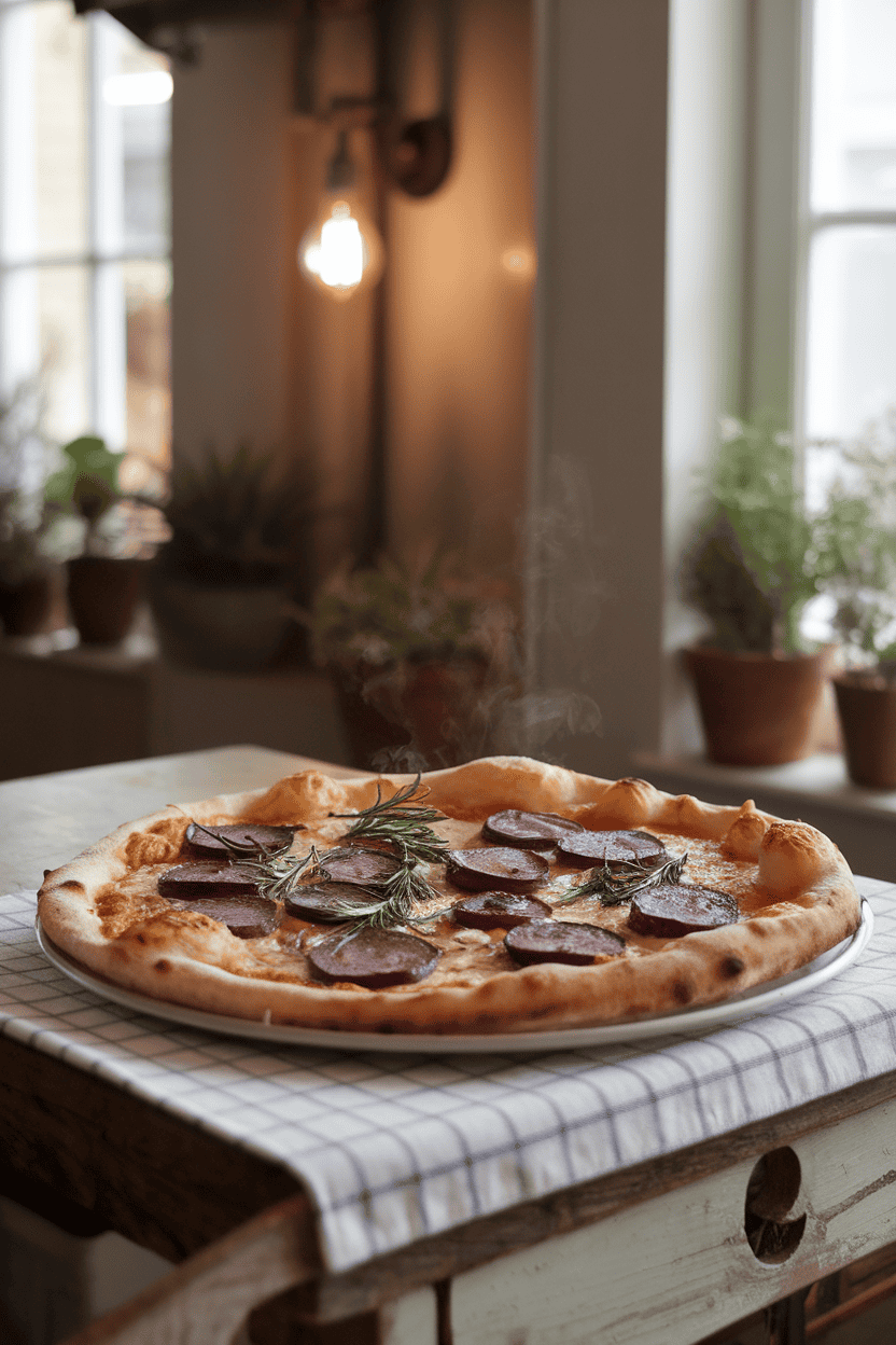 Indoor farmhouse table with a pizza covered in thin, roasted purple potato rounds and rosemary sprigs, steam wafting gently. No text or logos.