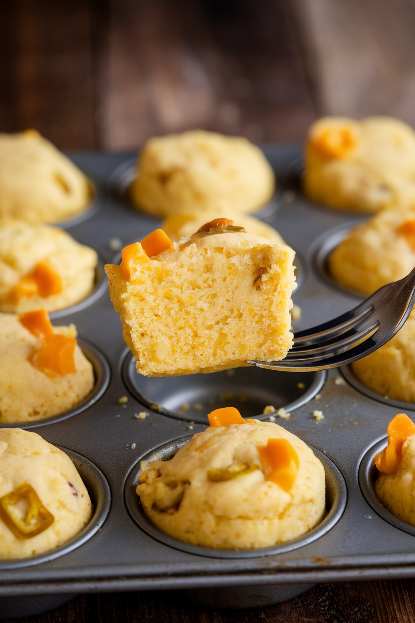 An indoor mini muffin tin filled with cornbread bites dotted with cheddar and jalapeño pieces, one lifted out with a fork. No text or logos. Photo only.