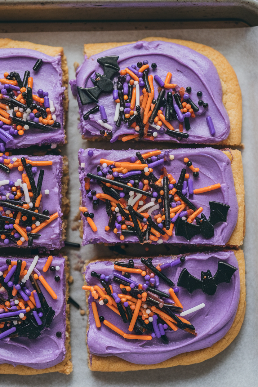 Photo of slab sugar cookie bars topped with purple frosting and Halloween sprinkles, indoor baking sheet, no text or logos.