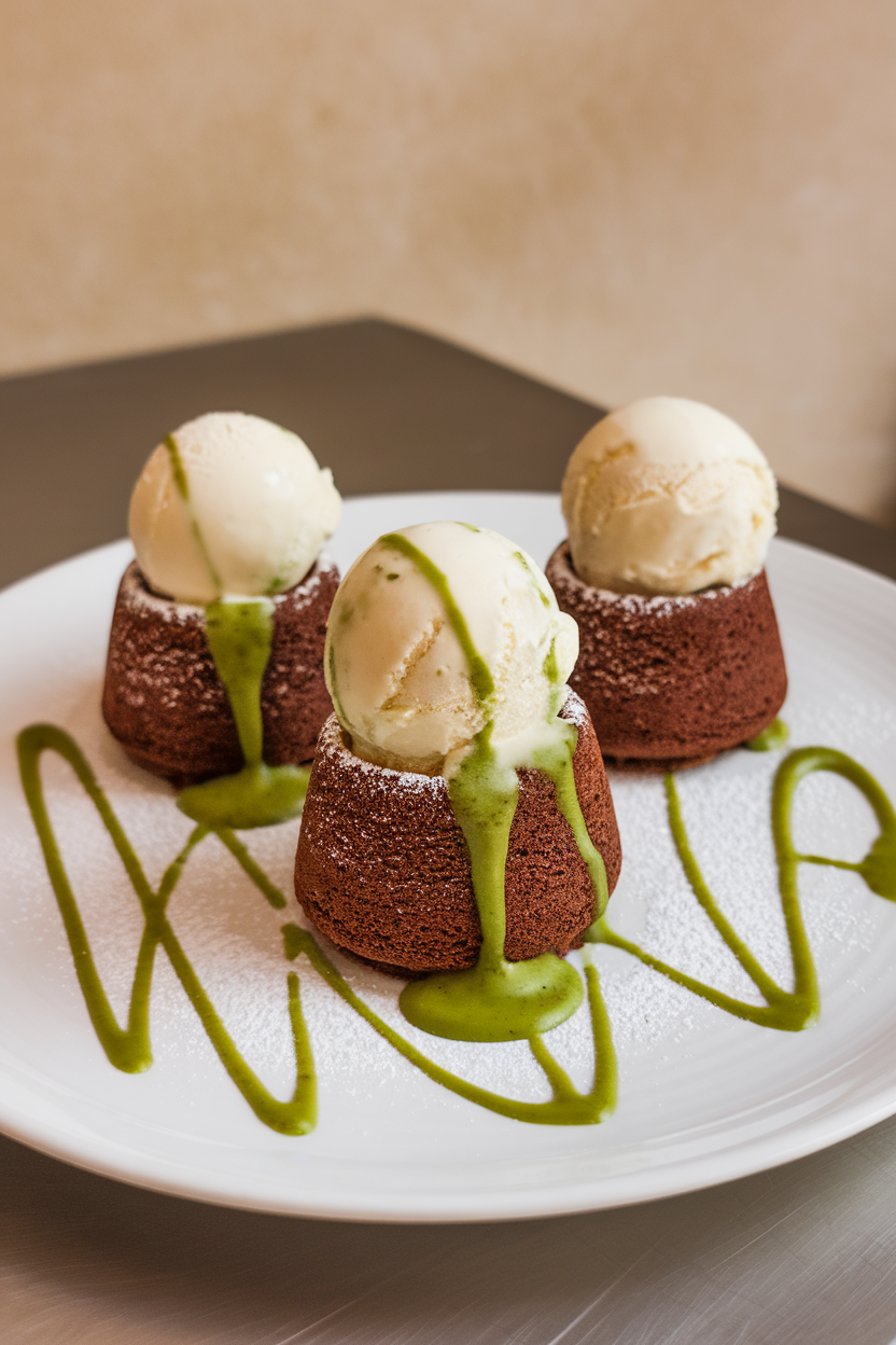 Photo of mini chocolate lava cakes with green matcha sauce oozing out, indoor dessert plate, no text or logos.