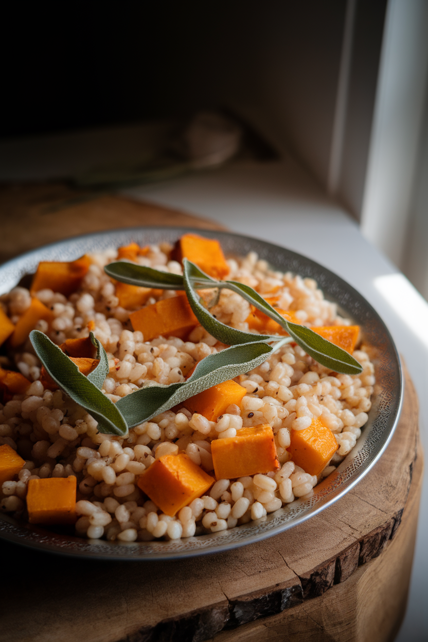 Indoor photo of plump barley pearls combined with roasted winter squash cubes and fresh sage ribbons on a platter; soft spotlight, no text or logos.