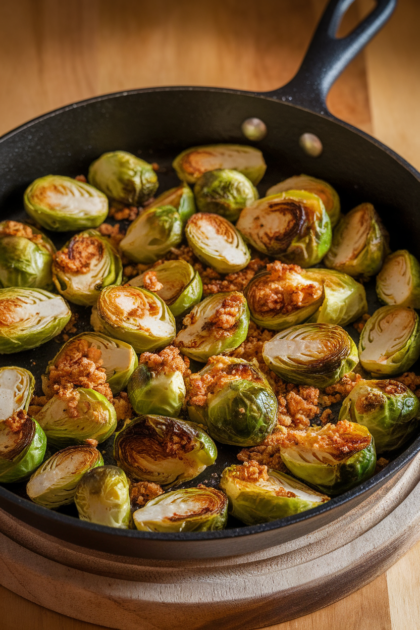 An indoor skillet filled with halved Brussels sprouts roasted to golden brown, parmesan crumbs visible on top. Warm lighting, no logos or text. Photo only.