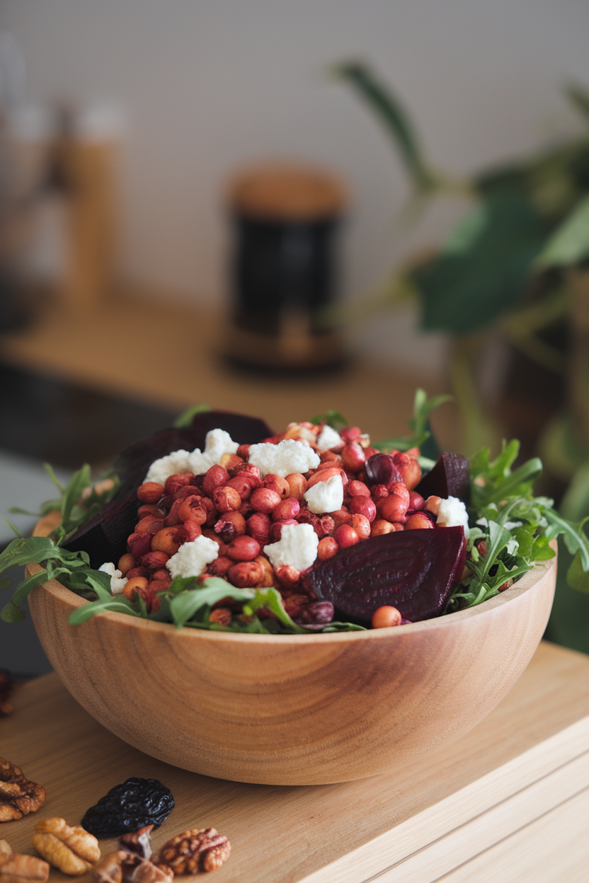 Indoor photo of a salad bowl with spelt berries, roasted beet wedges, goat cheese crumbles, and arugula; no text or logos.