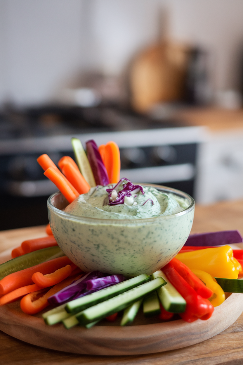Photo of green yogurt dip in a bowl with swirls of purple cabbage juice, served with multicolor veggies indoors. No text or logos.