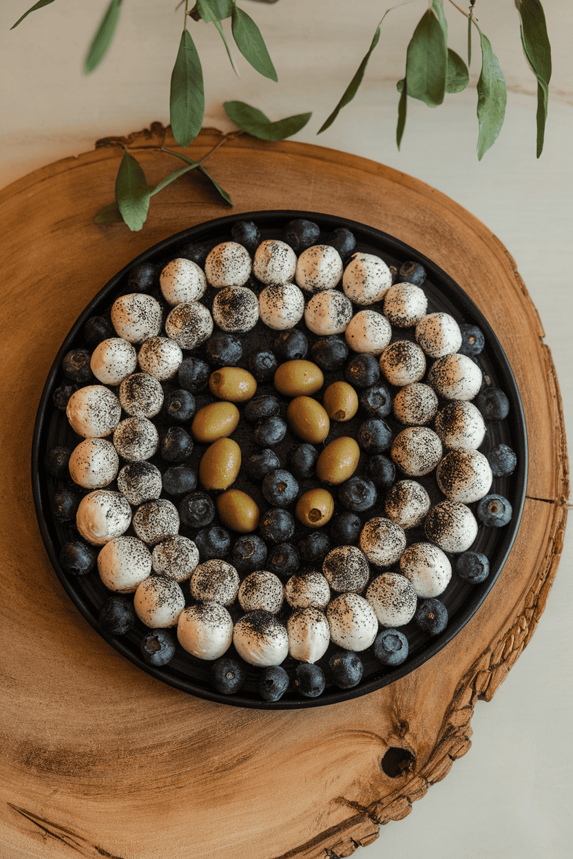 Overhead indoor photo of a round black platter with a crescent of pearl mozzarella balls dusted with edible charcoal powder, nestled among blueberries and cured olives. No text or logos.