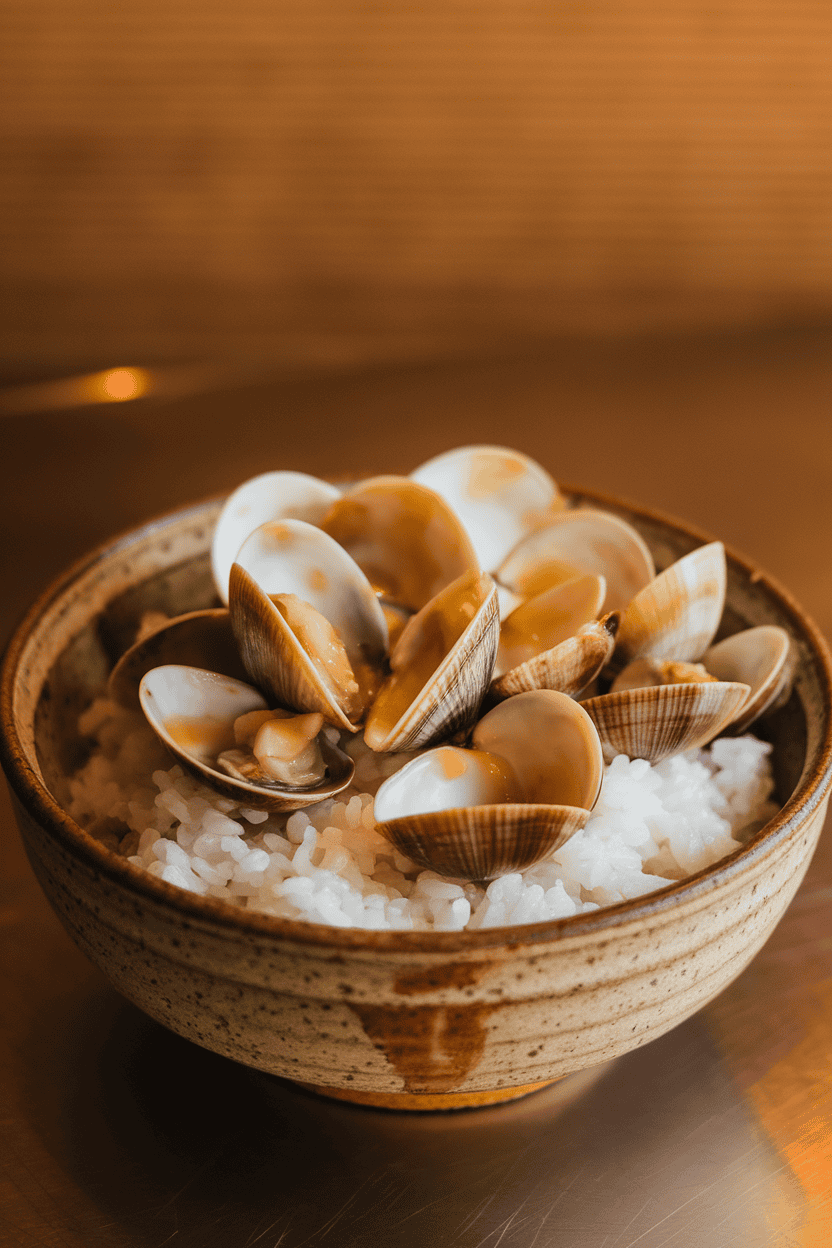 Indoor ceramic bowl featuring shelled steamed clams mixed into white rice, drizzled with ginger soy sauce. No logos or text, photo only.