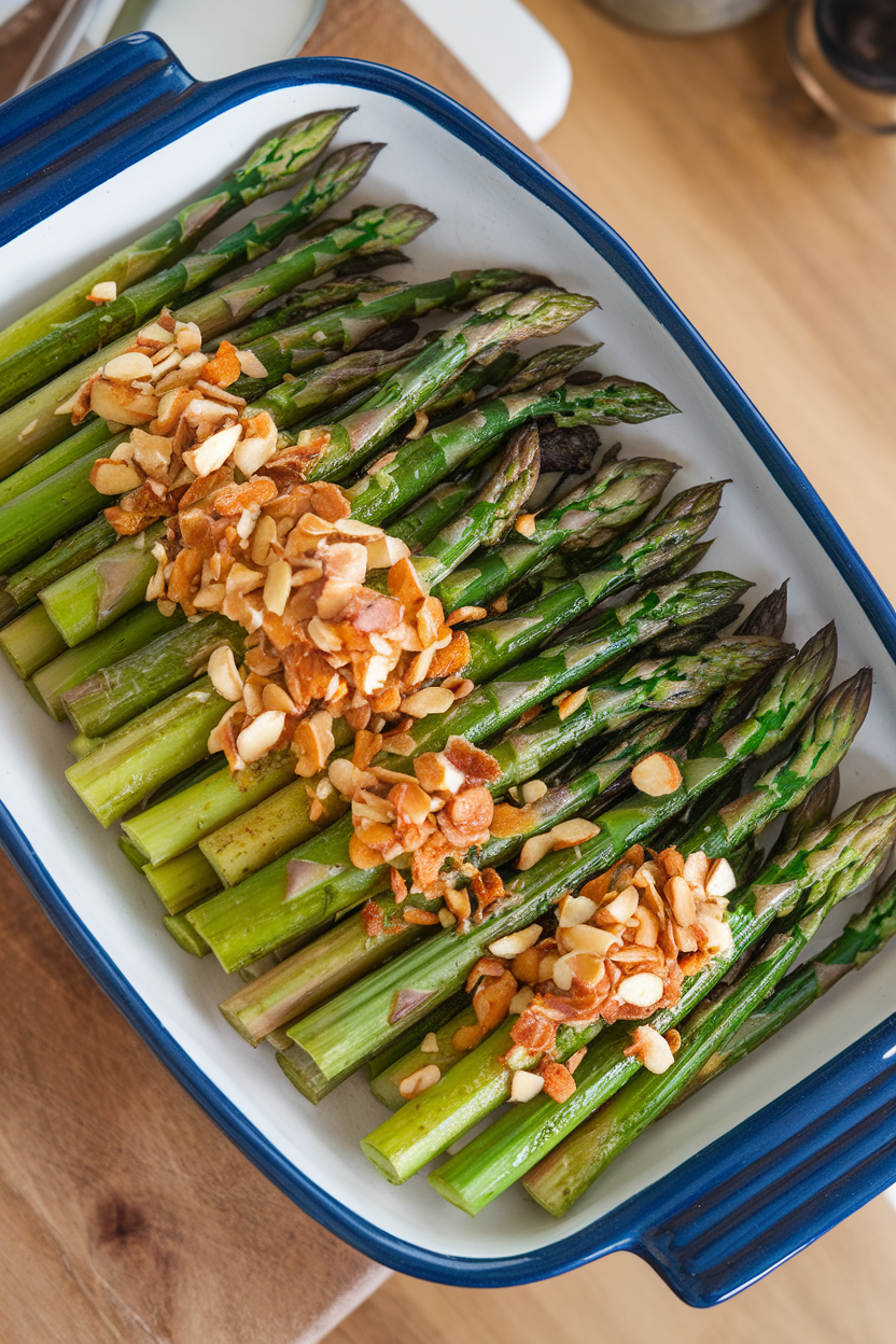 Indoor photo of a ceramic platter of roasted asparagus spears sprinkled with toasted slivered almonds and minced garlic. Overhead kitchen lighting, no text or logos.