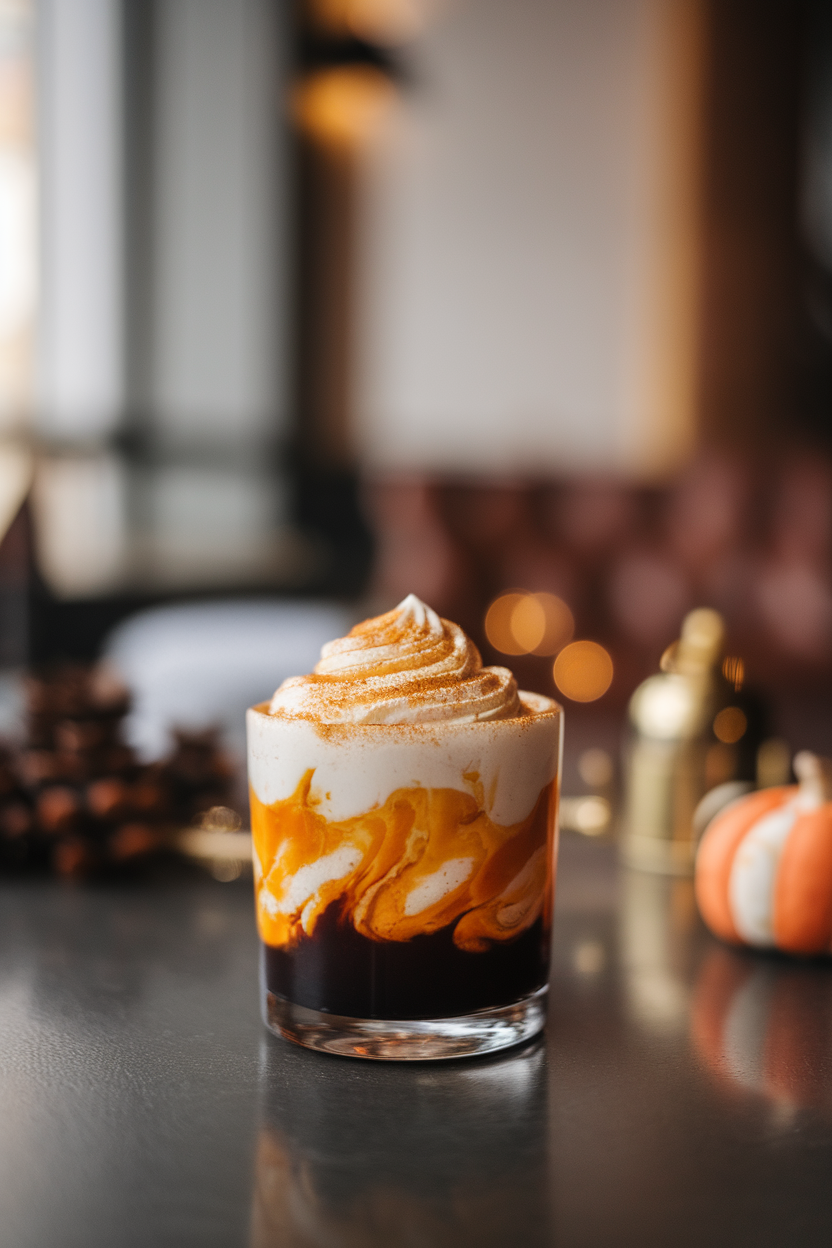 Cozy indoor lounge scene with a rocks glass layered dark-to-light, topped with pumpkin-orange cream swirls and a dusting of nutmeg. No text or logos shown. Photo, not illustration.