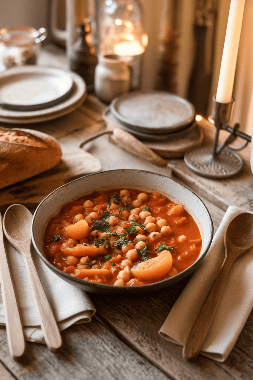 A rustic indoor dining table displaying a bowl of tomato-based chickpea stew dotted with apricots and sprinkled with chopped parsley. Warm lighting, no branding or text.