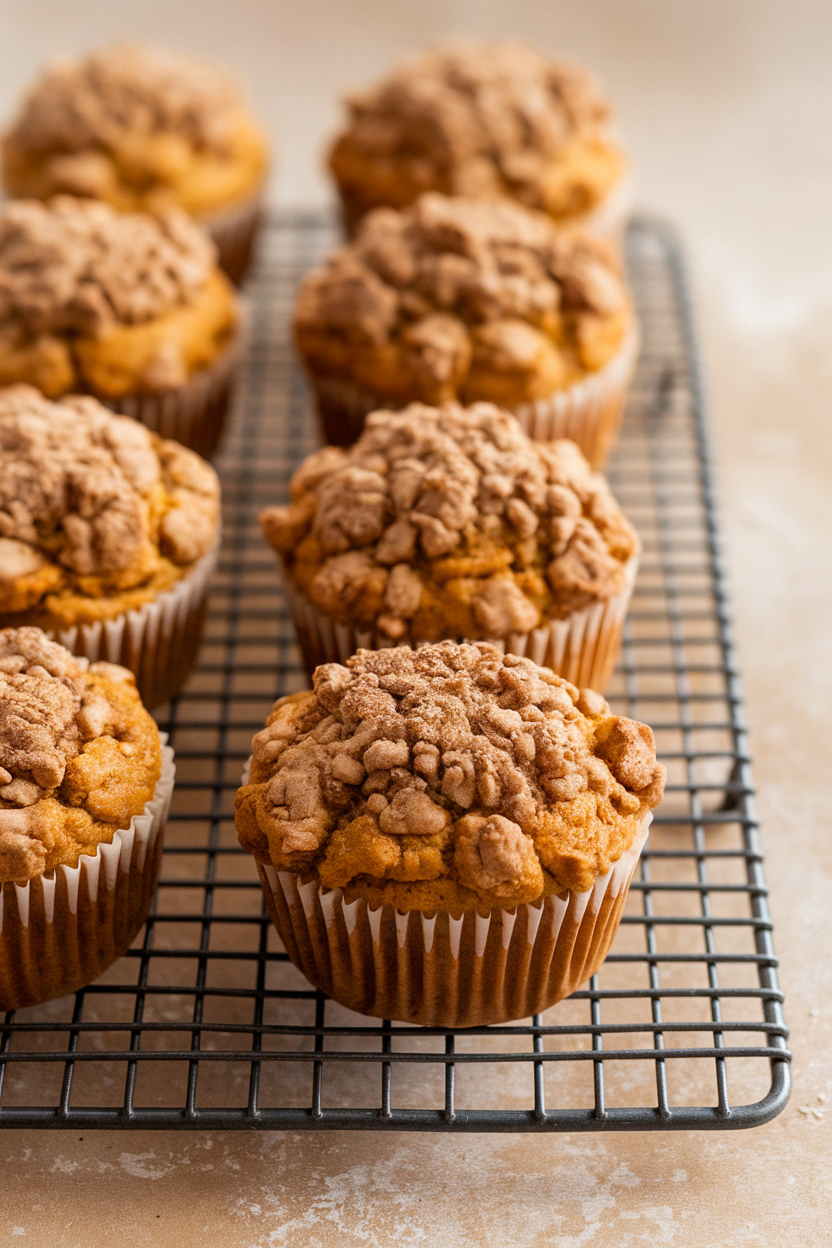 Indoor photo of pumpkin muffins with streusel tops and chai spice dusting, lined up on a cooling rack. No text or logos.