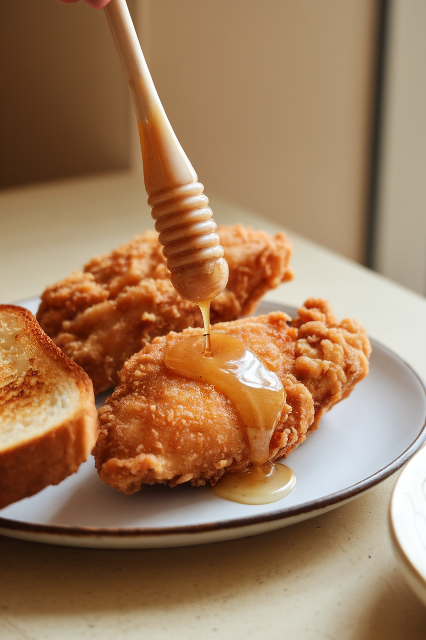 A softly lit indoor table showcasing fried chicken breasts being brushed with glossy honey butter, drizzle pooling on a white plate, photo only, no text or logos