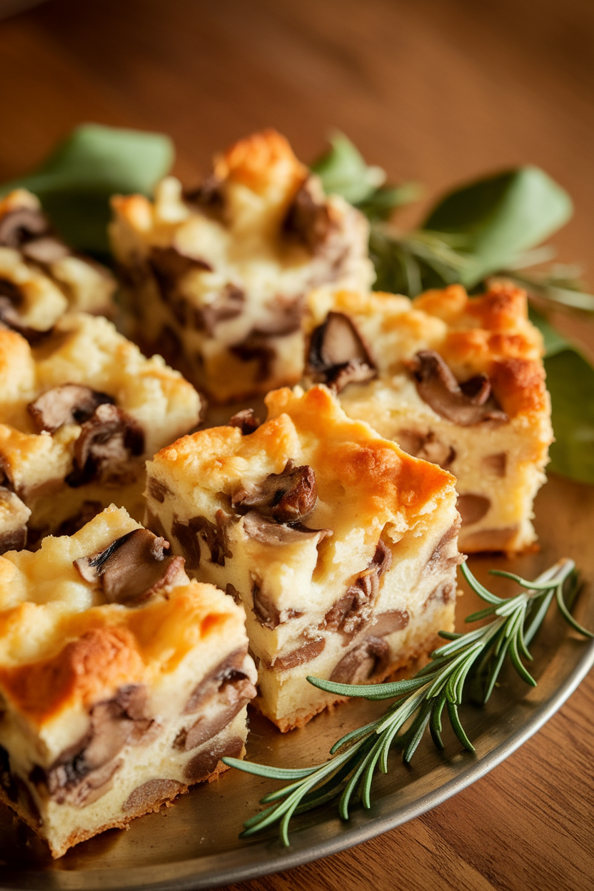 Indoor photo of square pieces of mushroom and cheese bread pudding on a warm platter, golden crust visible. No text or logos.