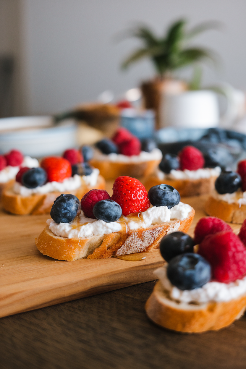 Indoor tabletop with small toasted baguette slices spread with ricotta and topped with mixed berries and a drizzle of honey. No text or logos.