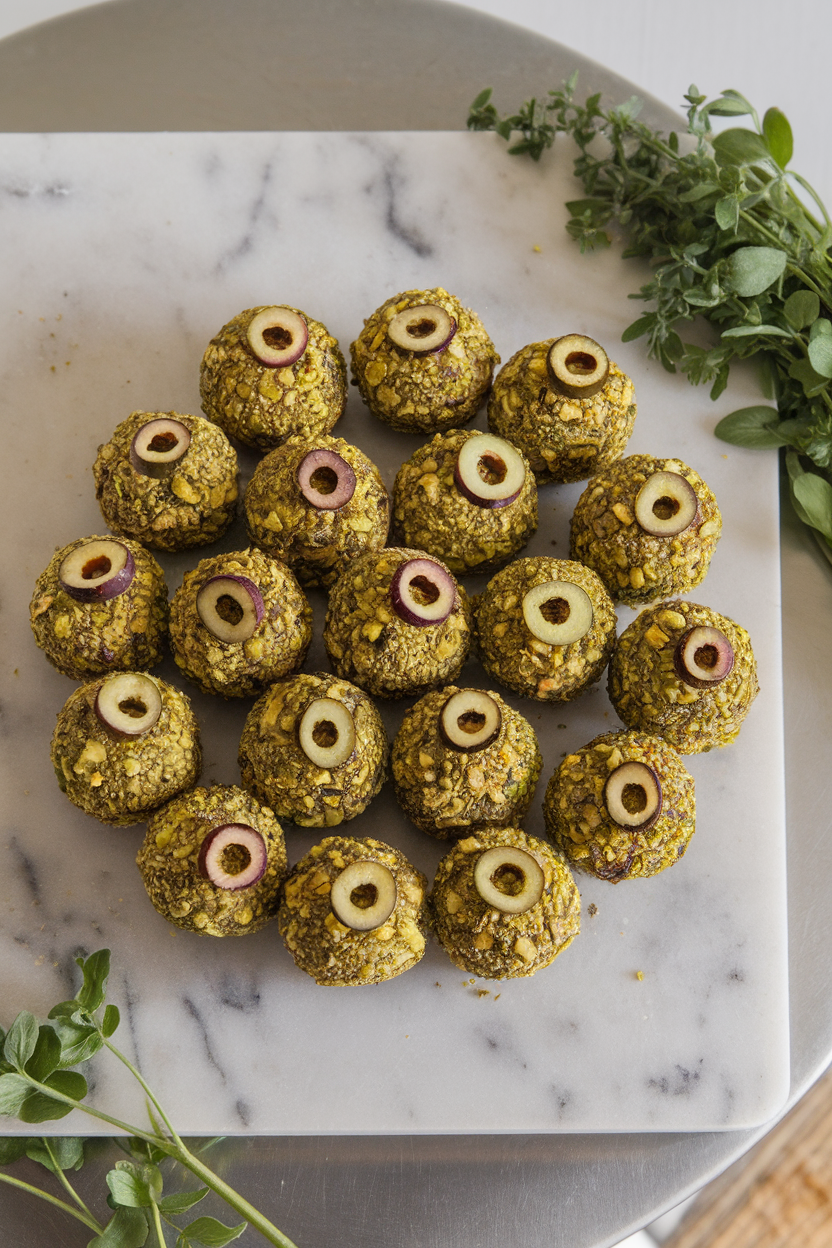 Round cheese balls coated in crushed pistachios and herbs with olive slice eyes, placed on an indoor marble slab. Photo, no text or logos.