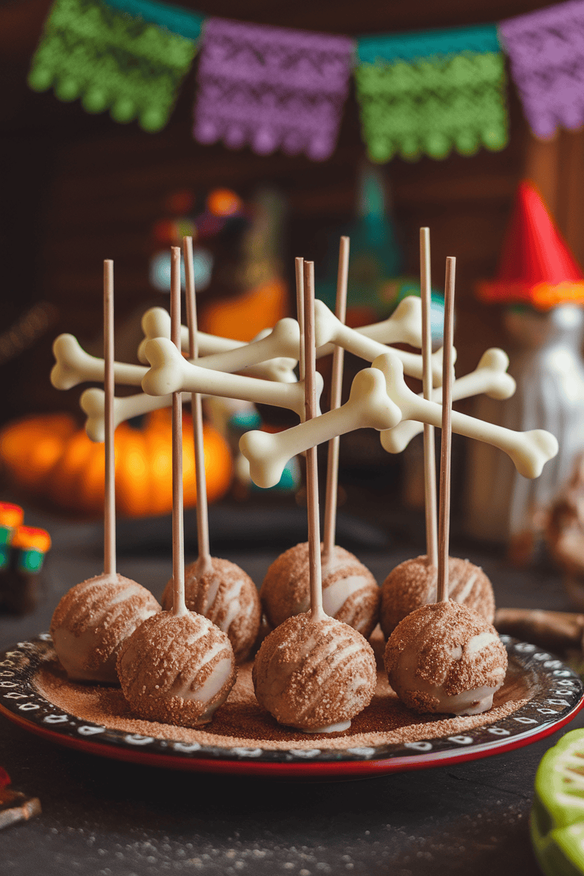 Light brown cake pops rolled in cinnamon sugar, white chocolate skeleton bones piped on top, indoor fiesta background; no logos. Photo.