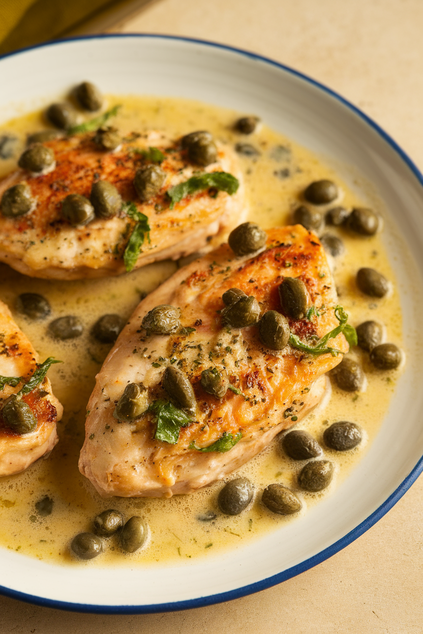Indoor photo of chicken piccata breasts in lemon garlic caper sauce on a shallow plate; gentle dinner lighting, no text or logos