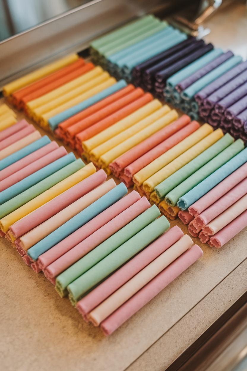 Photo of indoor countertop with colorful flat taffy bars folded neatly, no branding
