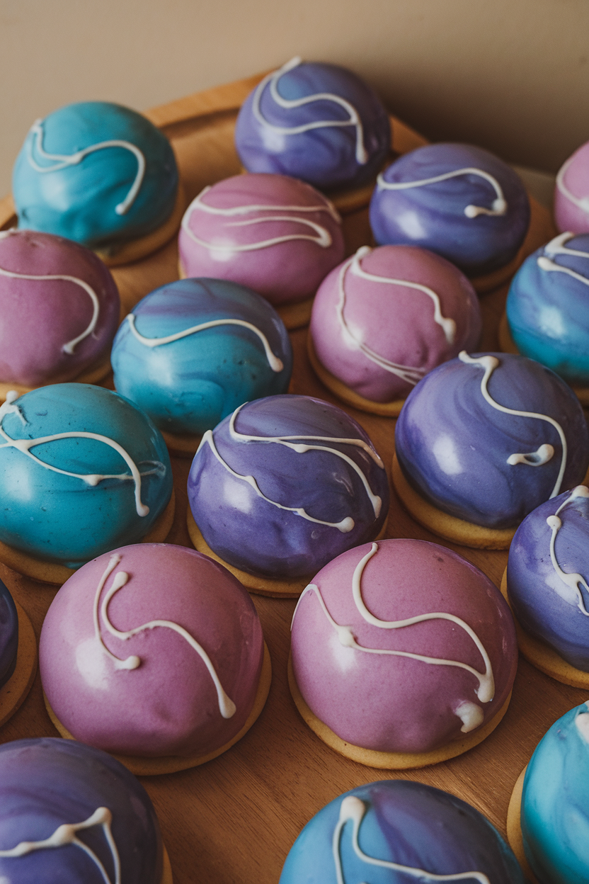 Indoor photo of spherical cookies with purple and blue swirling glaze resembling a fortune-teller’s crystal ball, no text or logos.