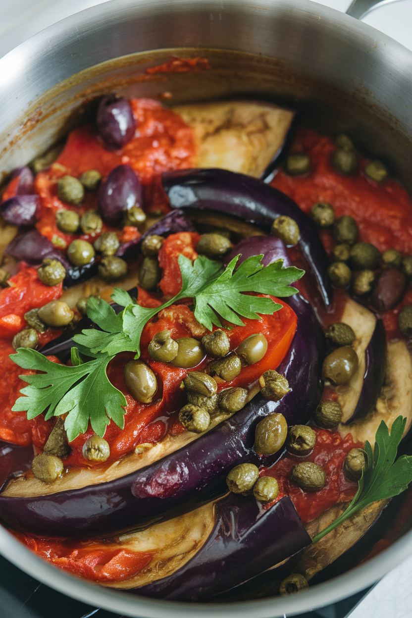 Photo of an indoor saucepan filled with glossy cooked eggplant, tomatoes, capers, and olives, garnished with parsley; no text or logos.