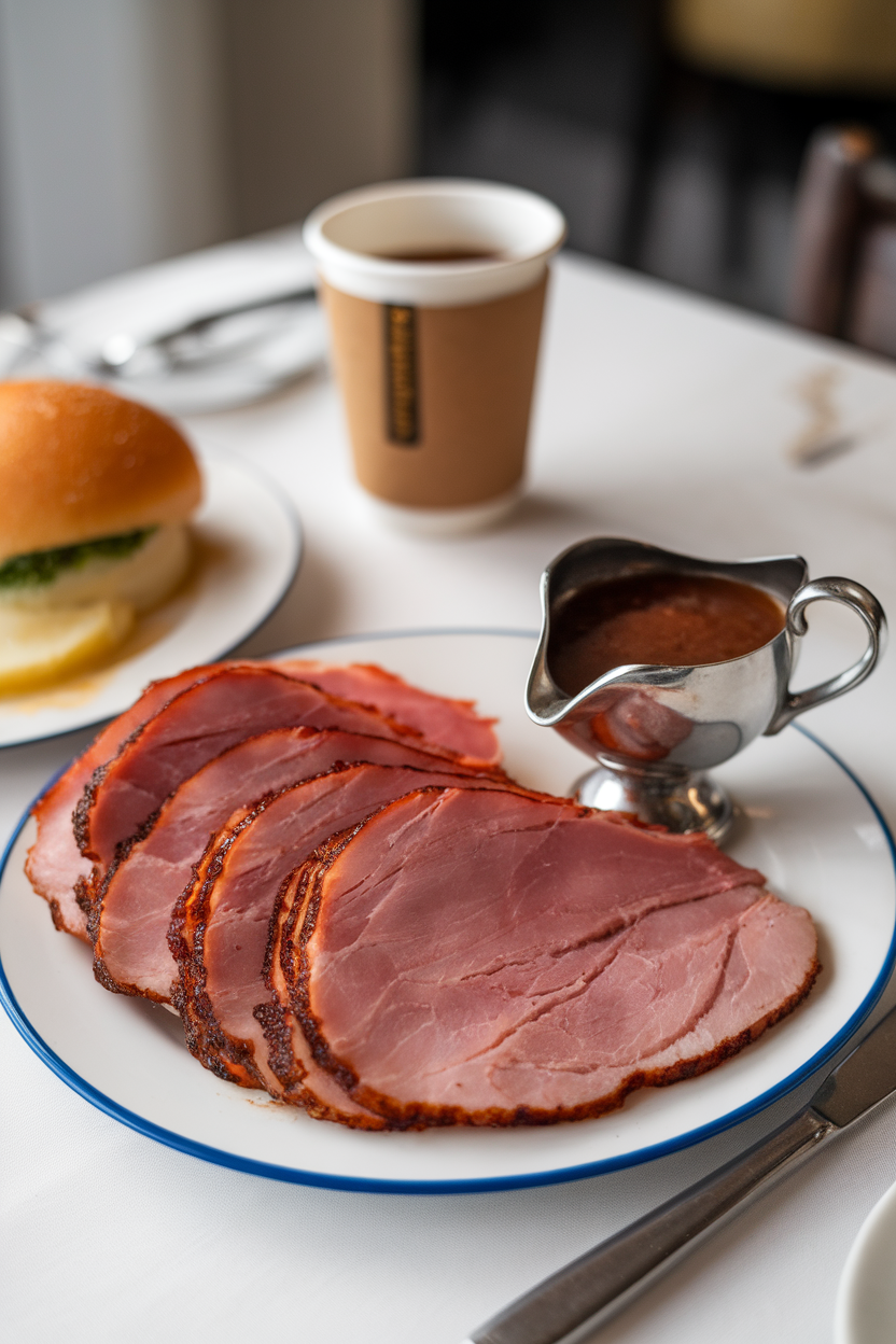 Indoor breakfast table holding slices of seared country ham alongside a small gravy boat of dark red-eye gravy, coffee cup blurred in background, no text or logos. Photo.