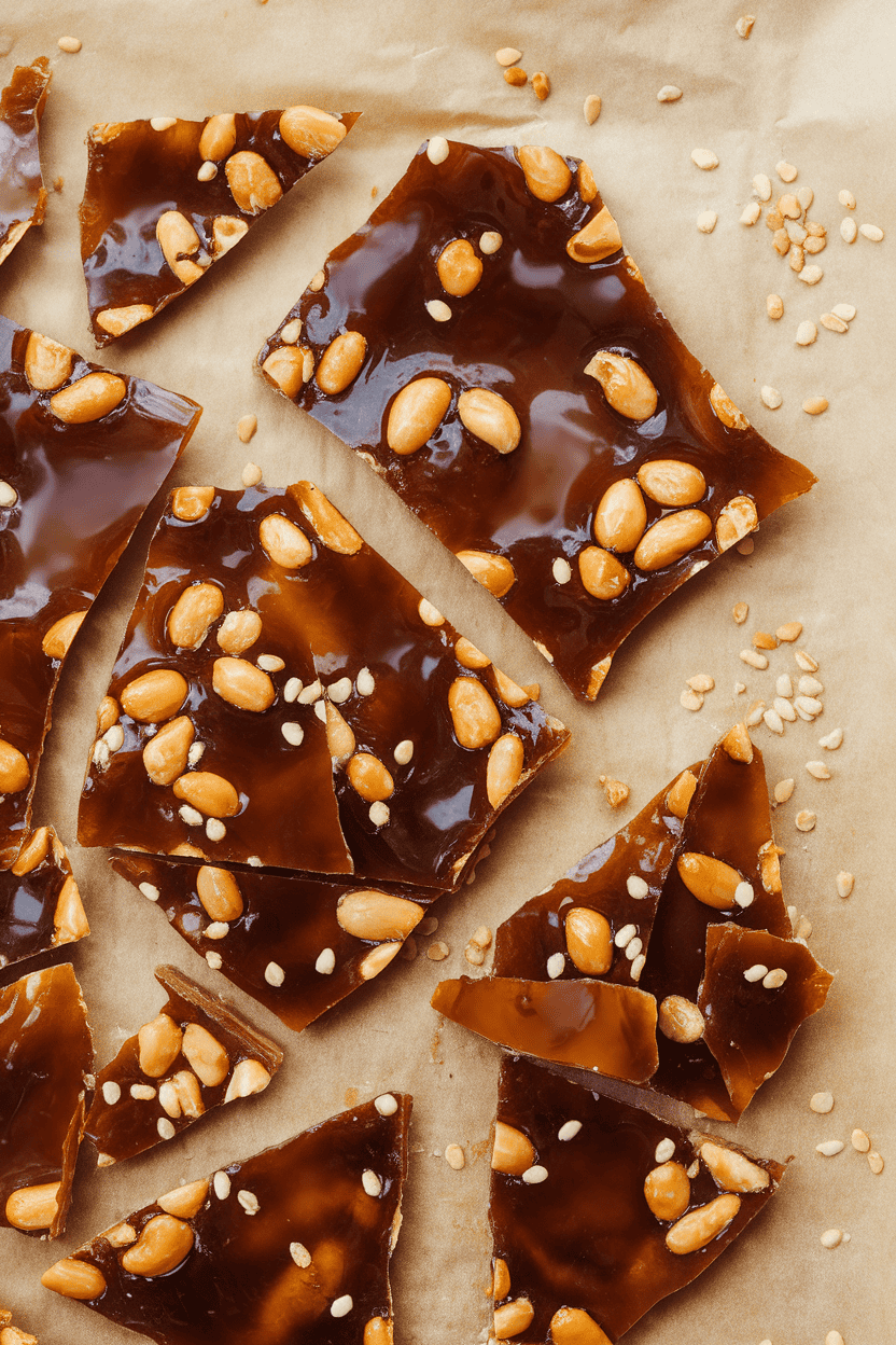 Indoor photo of glossy peanut brittle shards with visible sesame seeds on parchment paper, no text or logos