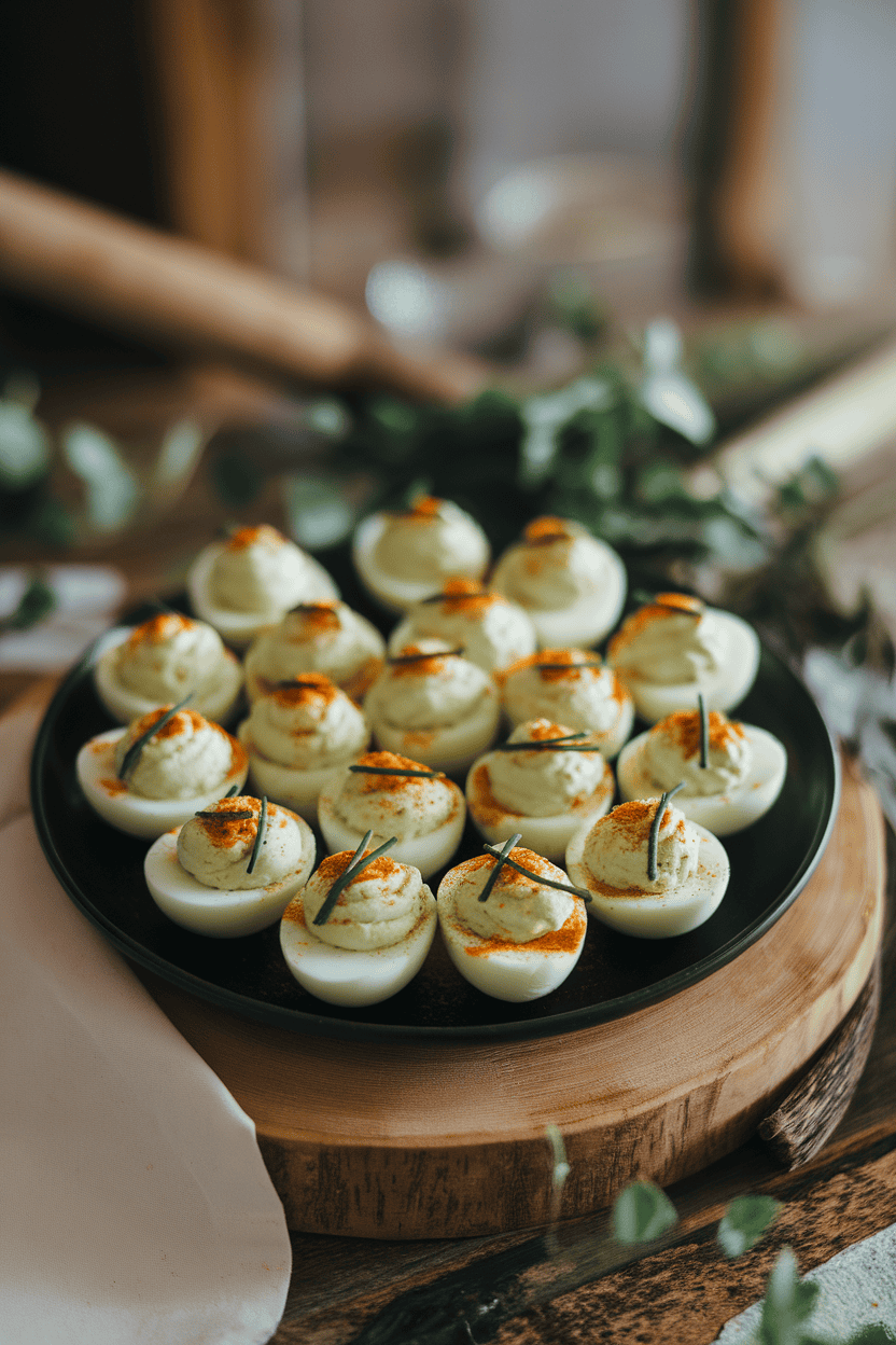 Indoor photo of deviled eggs dyed pale green, topped with smoked paprika and chive “stitches,” on a black plate. Soft overhead lighting, no text or logos.
