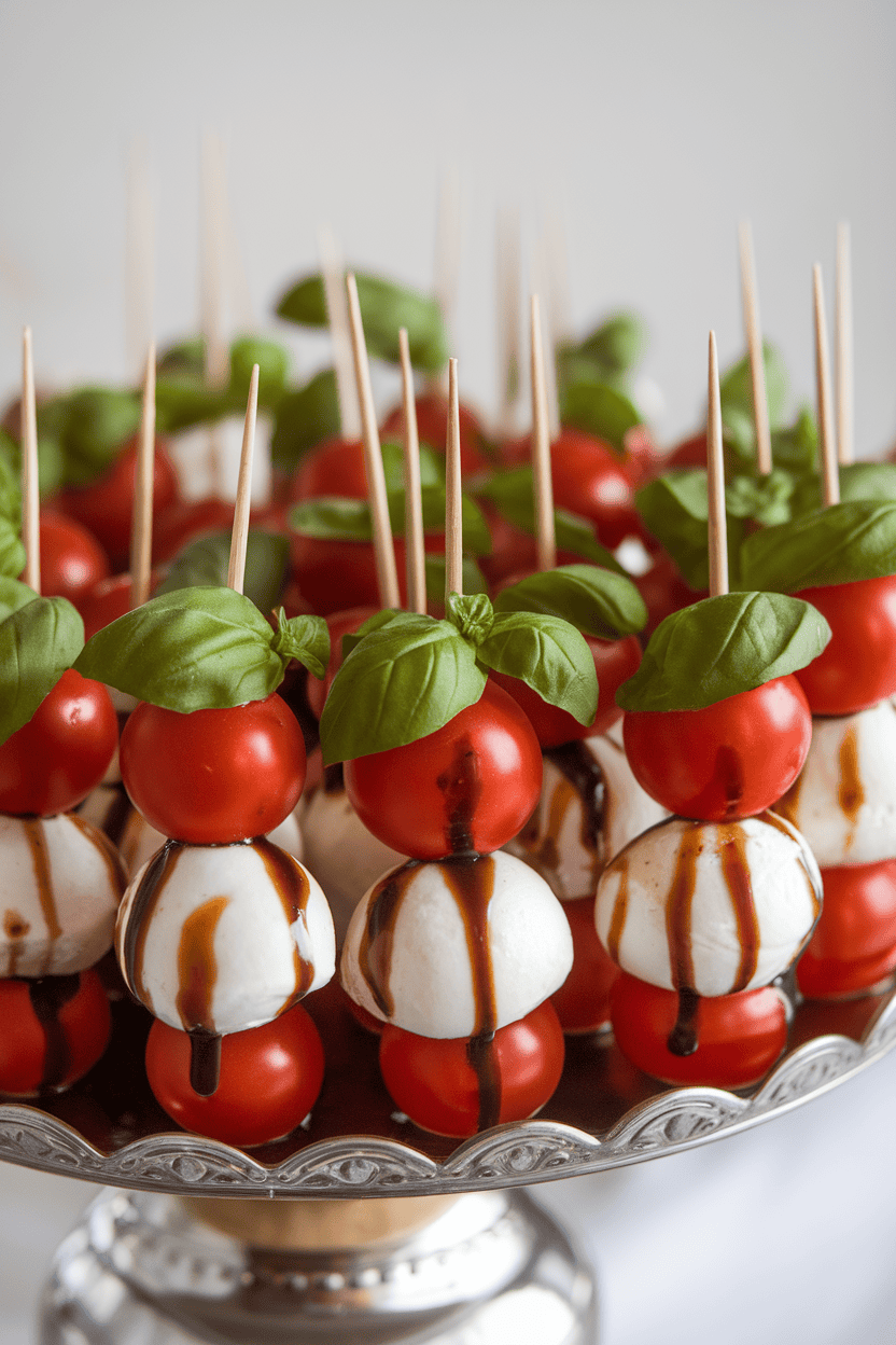 An indoor serving platter arranged with toothpick skewers featuring cherry tomatoes, mini mozzarella balls, and fresh basil leaves, drizzled with balsamic glaze. No text or logos; photo only.