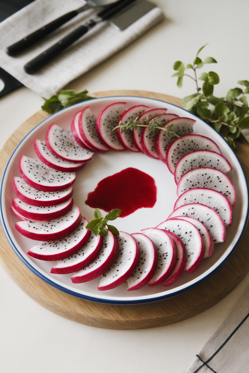 A porcelain platter indoors featuring white dragon-fruit slices fanned out with a small pool of raspberry puree in the center, resembling a blood stain. No text or logos.