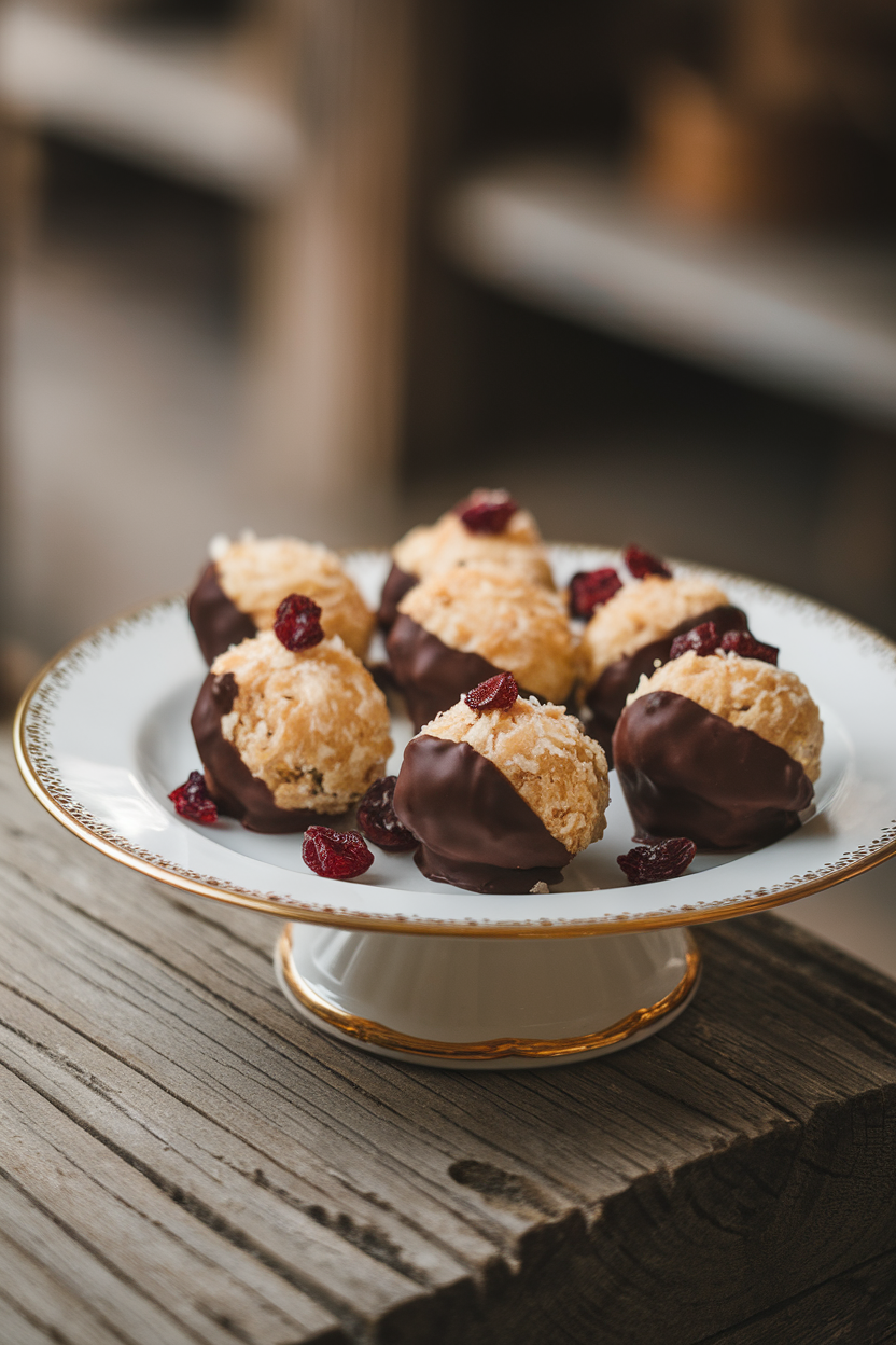 An indoor dessert plate with coconut macaroons half-dipped in dark chocolate, bits of dried cranberry visible in the coconut. No logos or text. Photo only.