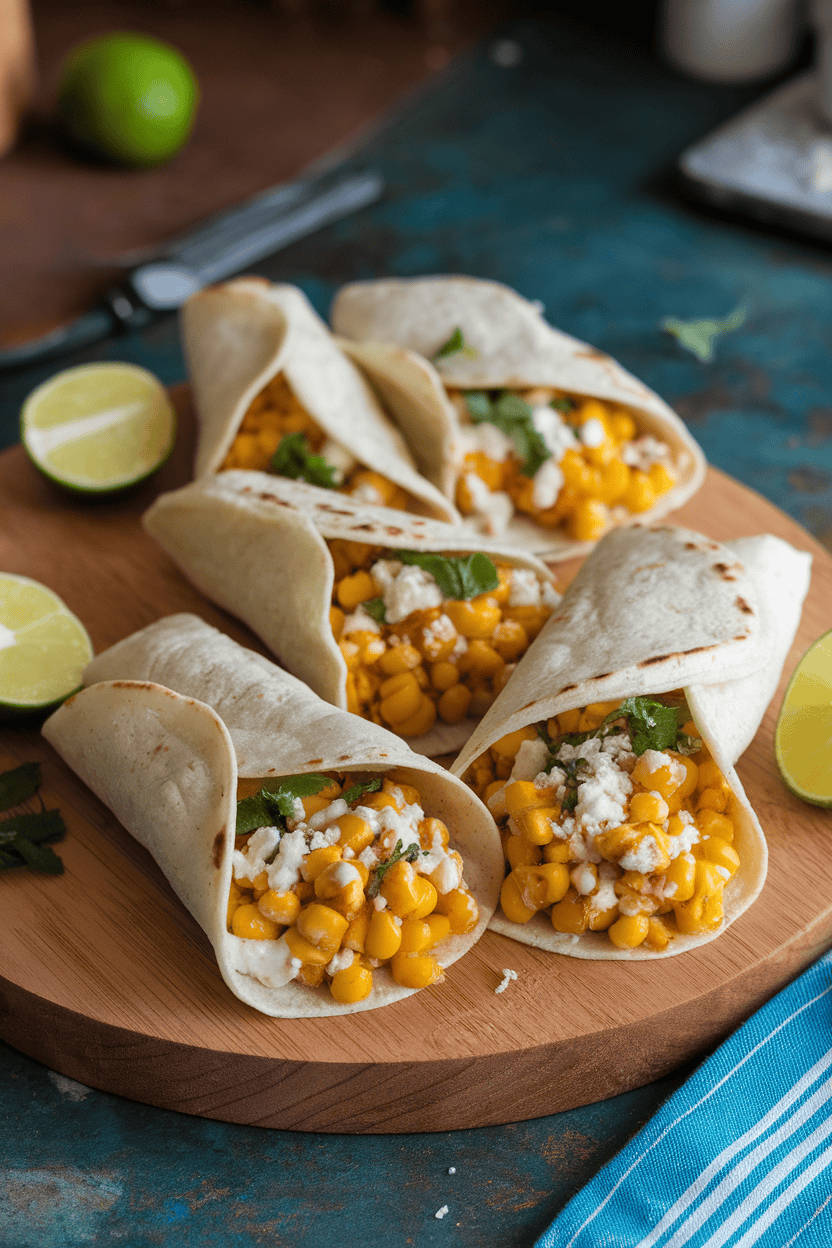 Photo of soft corn tortillas filled with grilled corn, cotija cheese, and chipotle mayo arranged on an indoor serving board. No text or branding in the image.