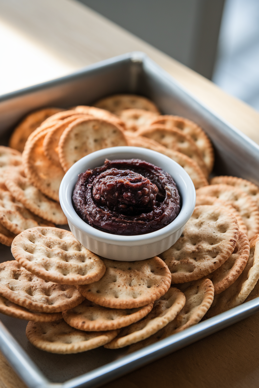 An indoor appetizer tray with a small dish of dark olive tapenade and scattered whole-grain crackers; soft directional light, no logos.