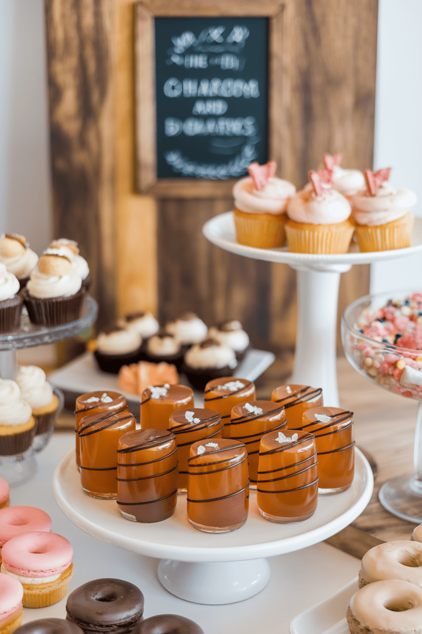 Indoor dessert bar scene with golden caramel jello shots drizzled in dark chocolate and a pinch of flaky sea salt, no text or logos