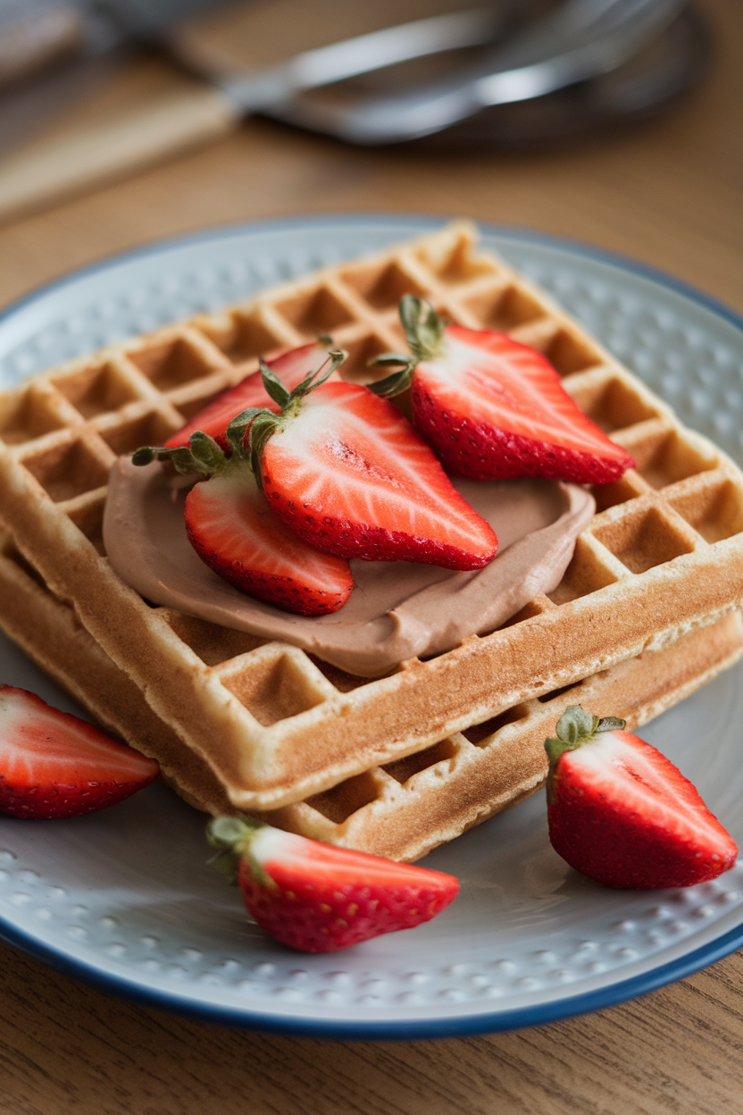 Indoor plate photo showing two toasted whole-grain frozen waffles sandwiching almond butter and sliced strawberries. No text or logos.
