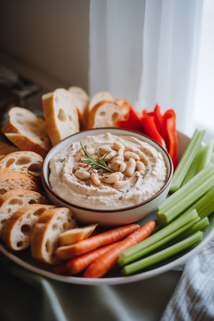 A softly lit indoor appetizer plate displaying a bowl of creamy white bean dip sprinkled with chopped rosemary. Photo, no text or logos.