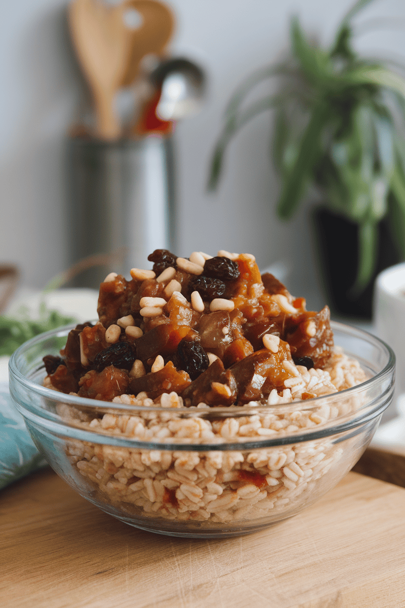 Indoor tabletop view of a meal-prep bowl containing farro topped with glossy eggplant caponata studded with raisins and pine nuts. No logos.
