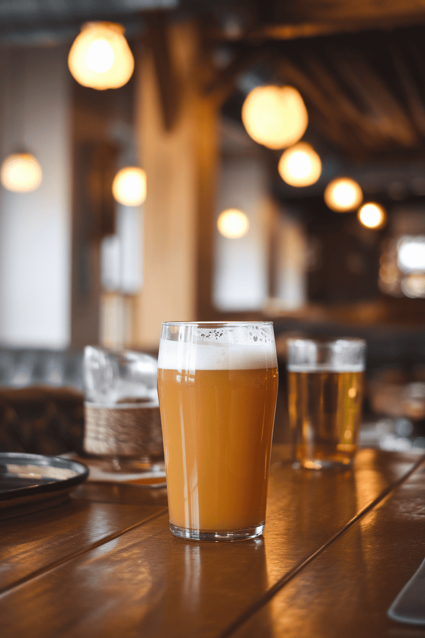 Indoor pub table with pint glass half beer, half pumpkin cider, topped with thin foam layer; cinnamon sugar rim visible, no text or logos.