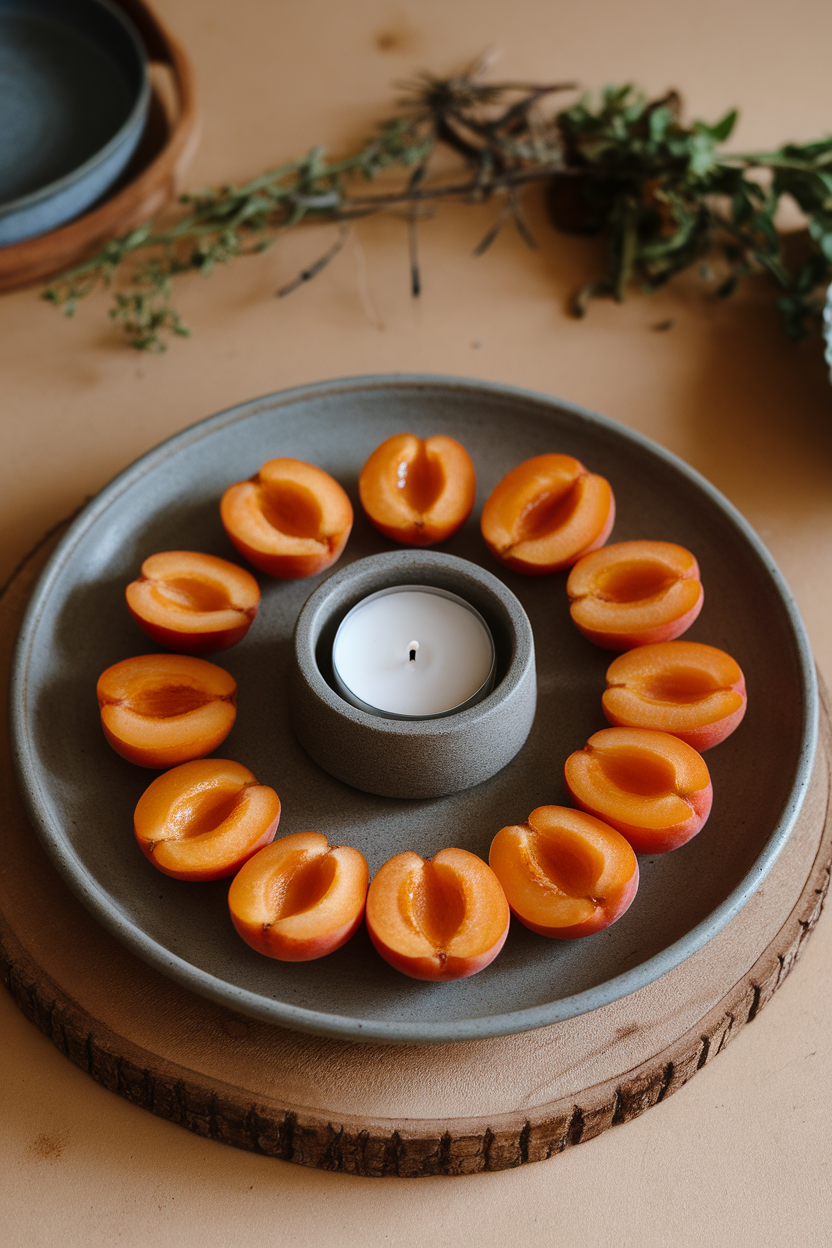 A stoneware plate indoors with apricot halves glazed in honey, arranged in a ring around a candle holder (candle unlit). No text or logos.