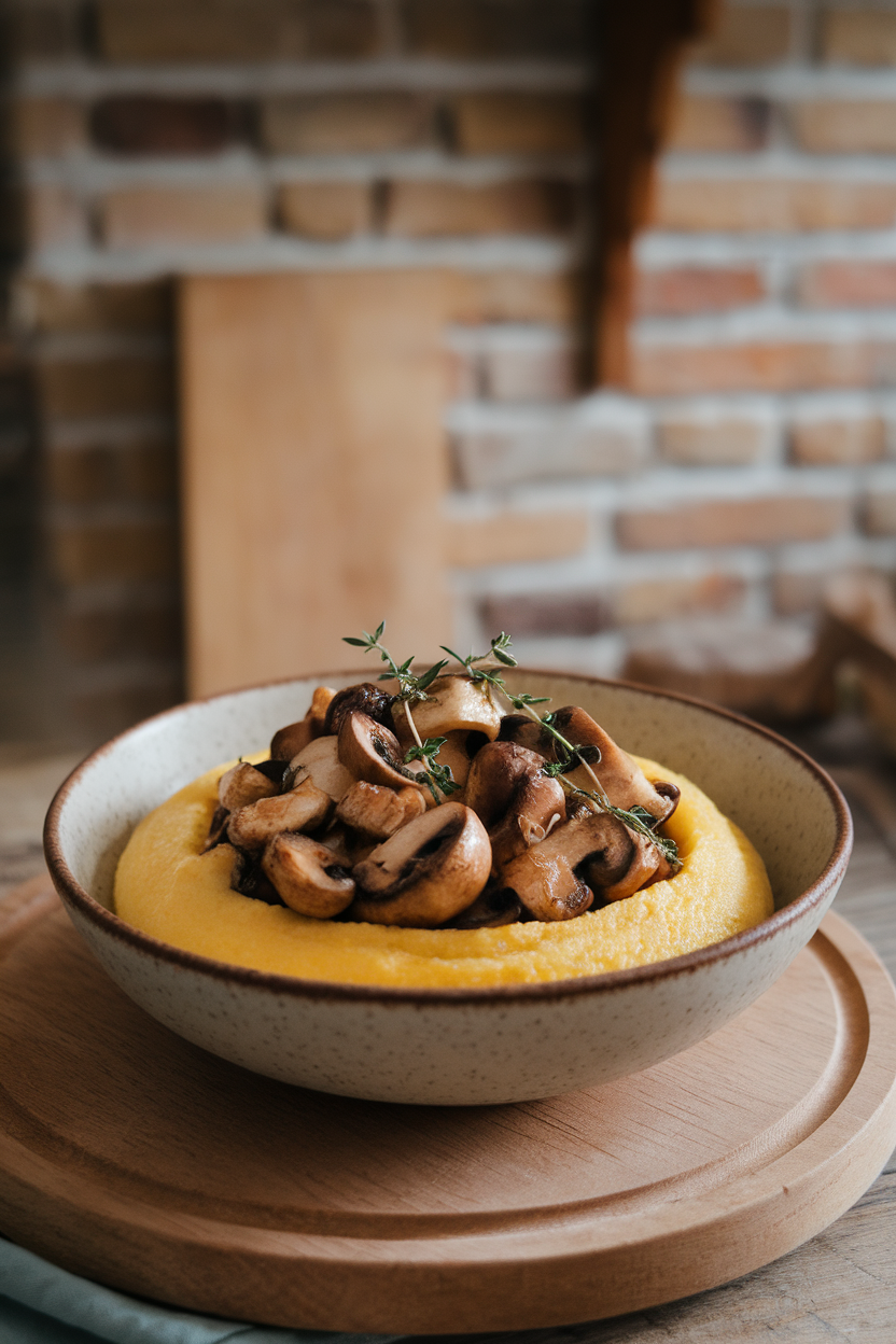Photo of a bowl indoors containing soft yellow polenta topped with a medley of roasted mushrooms and thyme; no text or logos.